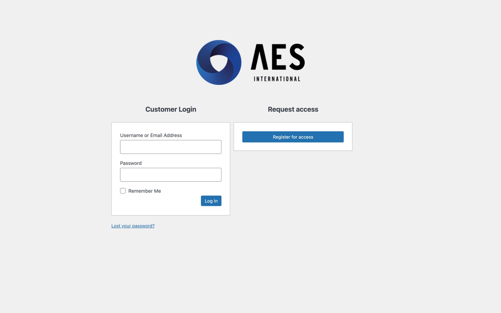 Login of the AES ordering portal with customer login and a request for access