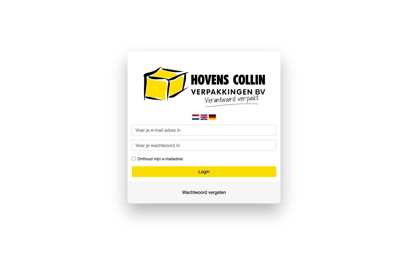 Anmeldebildschirm des Insight-Portals bei Hovens Collin Verpakkingen