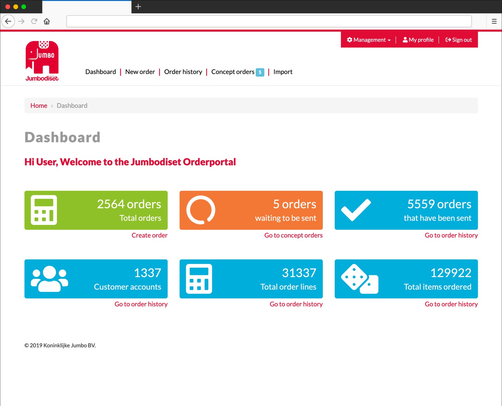 Dashboard des Orderportals von Jumbo Diset