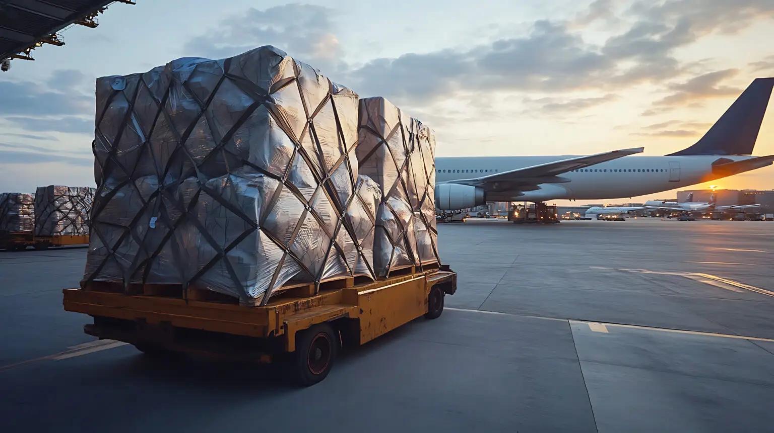 Luftfrachtpalette von NedCargo neben einem Flugzeug auf dem Vorfeld in der Abendsonne